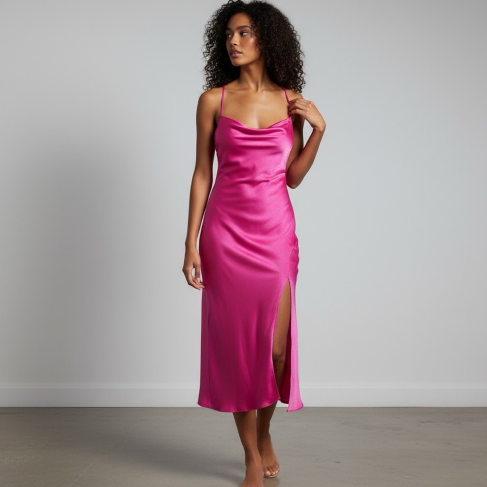 NWT House of Harlow Pink Slip Dress XL Satin Slit - Picture 2 of 10